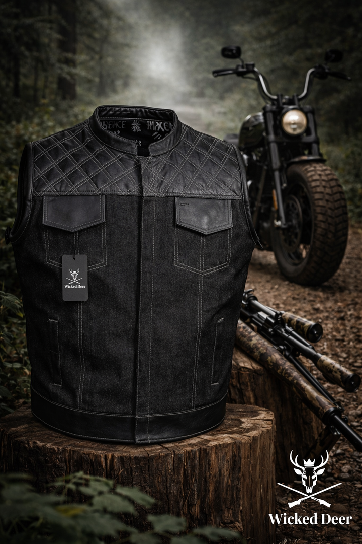 Bikerweste Iron Road – Denim & Leather Black