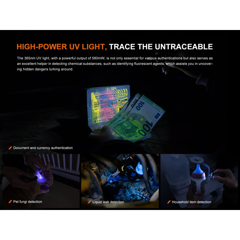 Fenix E06R Schlüsselbundleuchte Weißes+UV+Laser Licht Graffiti